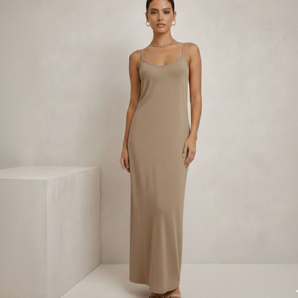 Vintage AGOLDE Maxi Slip Dress Women sz Large Cotton Taupe 90s Y2K Quiet Luxury